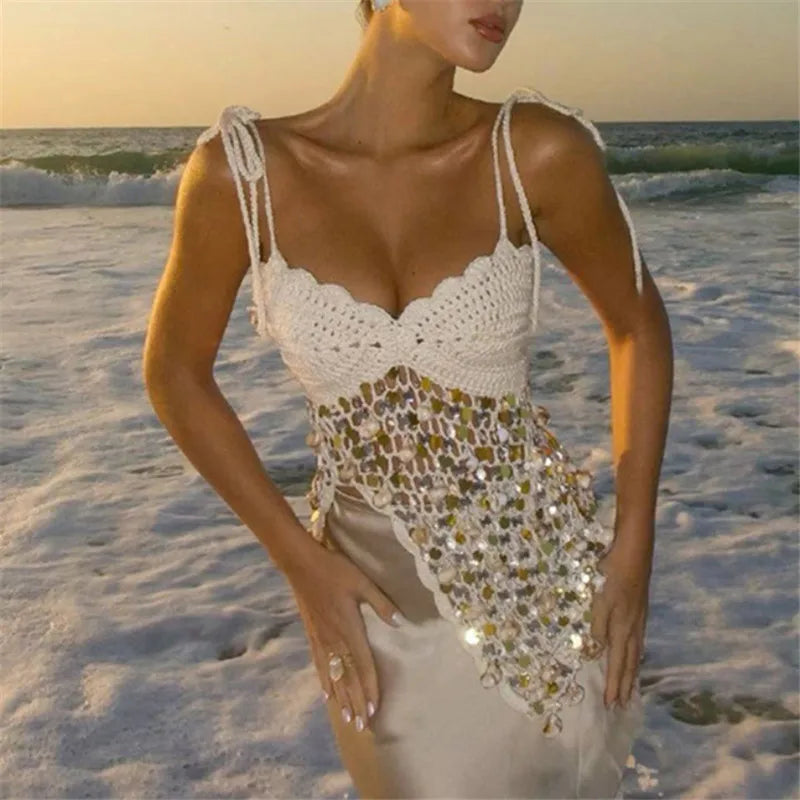 Women's crochet top cami in white, perfect for beach outings