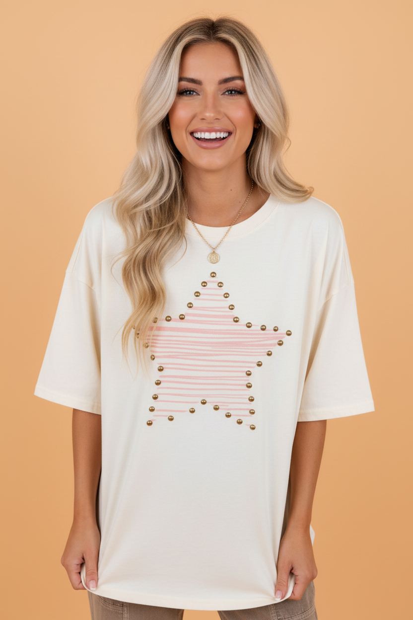 Pretty Bash cream oversized top with star print for country and western artists