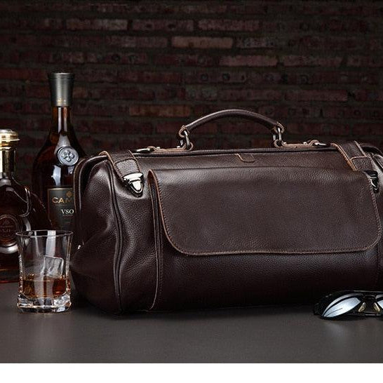 Luggage & Bags - Duffel Top Grade Black Coffee Genuine Leather Travel Bag Metal Buckle