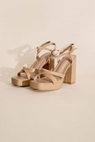 Beige Top Guy Footwear cross ankle strap heels with chunky block heels for stylish comfort