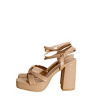 Top Guy Footwear cross ankle strap heels in nude with chunky platform for stylish comfort