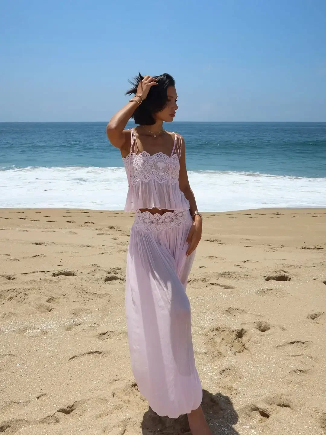 Women's pink top ruffle beachwear set, perfect for summer outings