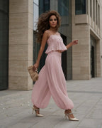Women's pink top ruffle set, lightweight chiffon, perfect for summer outings
