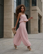 Women's pink top ruffle set, lightweight chiffon, perfect for summer outings