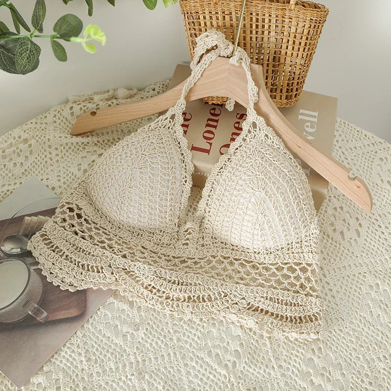 Women's crochet tank top in beige, perfect for summer outings
