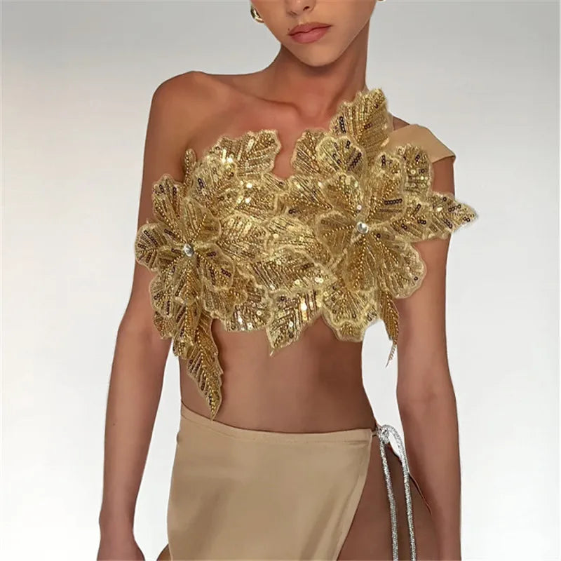 Gold sequined top tank tops with floral designs for festive occasions