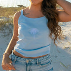 Women's light blue tank top with palm tree design, perfect for summer outings