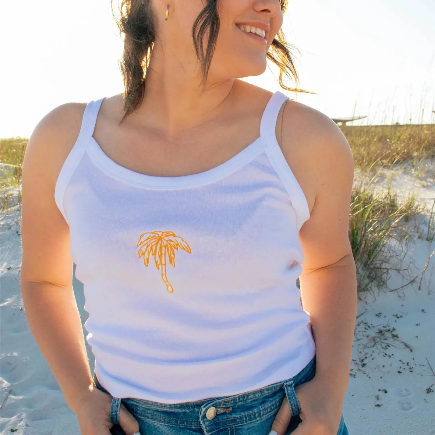 women's white tank top with palm tree design for casual summer wear