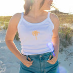 Women's white top tank top with palm tree graphic for summer outings