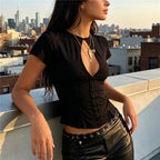 Women's black top with corset design, perfect for trendy outings
