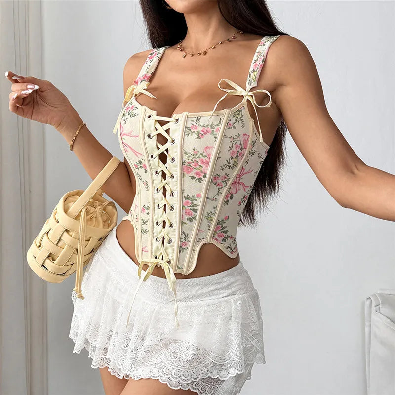 Women's floral top with corset design, perfect for summer outings