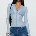 Women's light blue top with mesh, perfect for casual outings