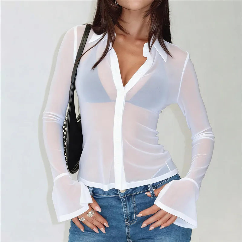 Women's white top with mesh, perfect for layering in warm weather