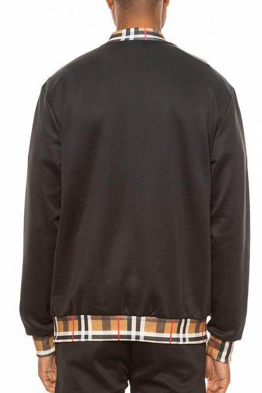 Men's black track jacket with stylish plaid trim, perfect for casual wear