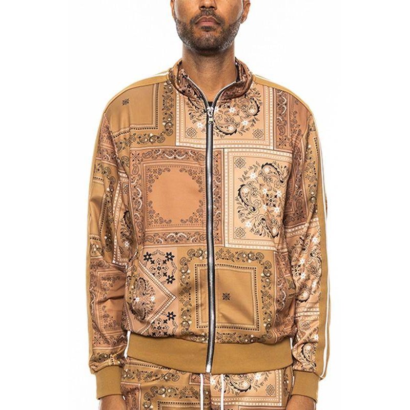 Men's WEIV track jacket in intricate gold pattern for stylish casual wear