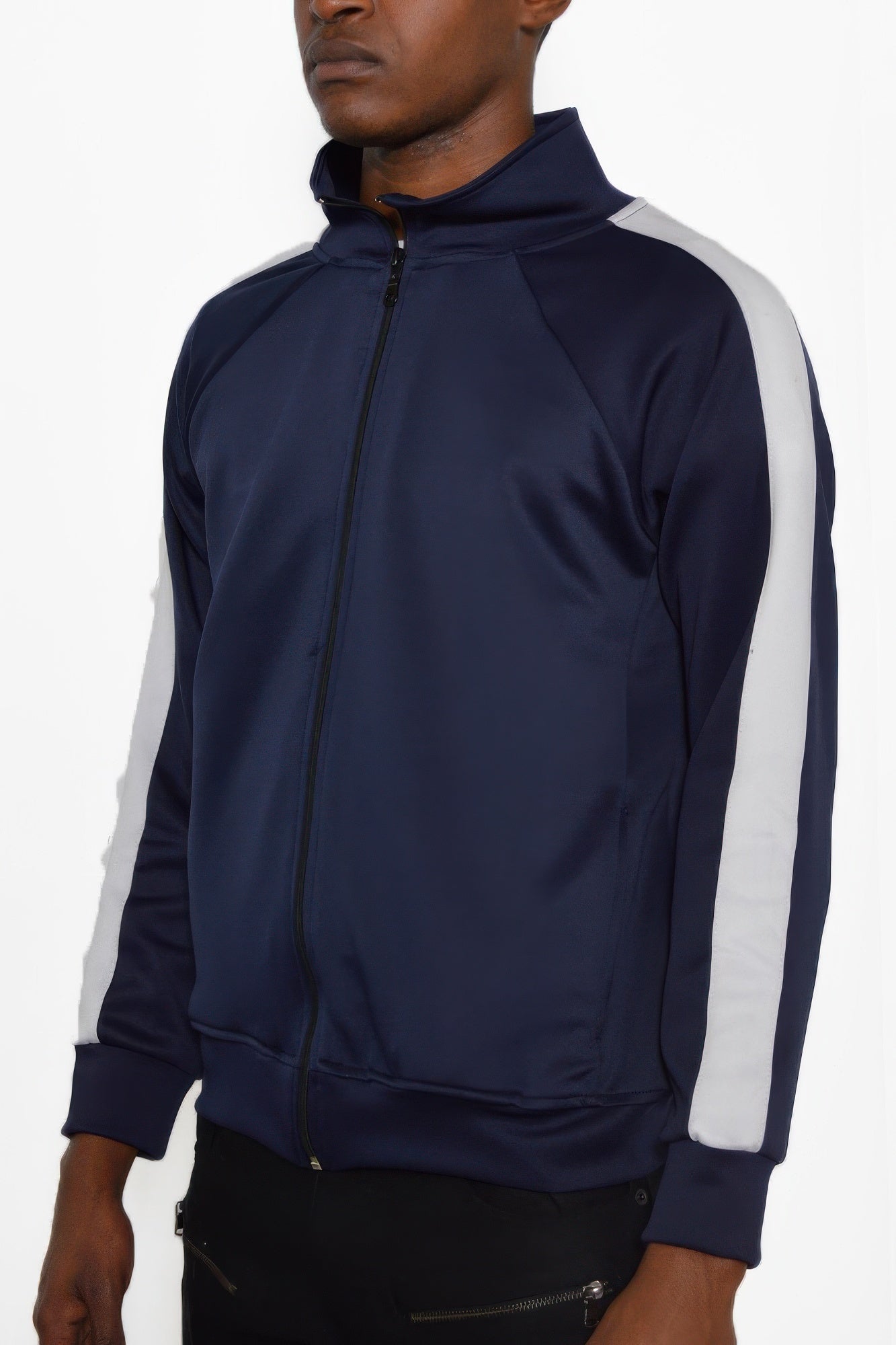 Men's navy track jacket with white stripes, ideal for casual outings