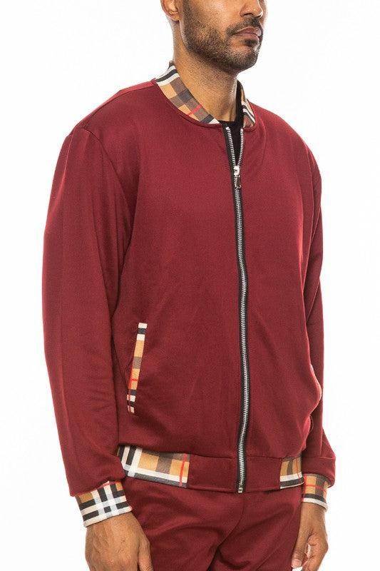 Men's WEIV maroon track jacket with stylish plaid accents