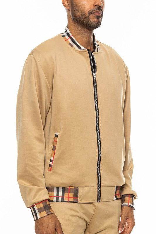 Men's beige track jacket, comfortable fabric, casual wear
