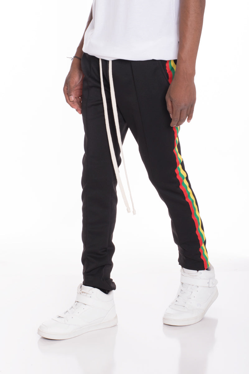 Men's black track pants with colorful side stripes for casual wear