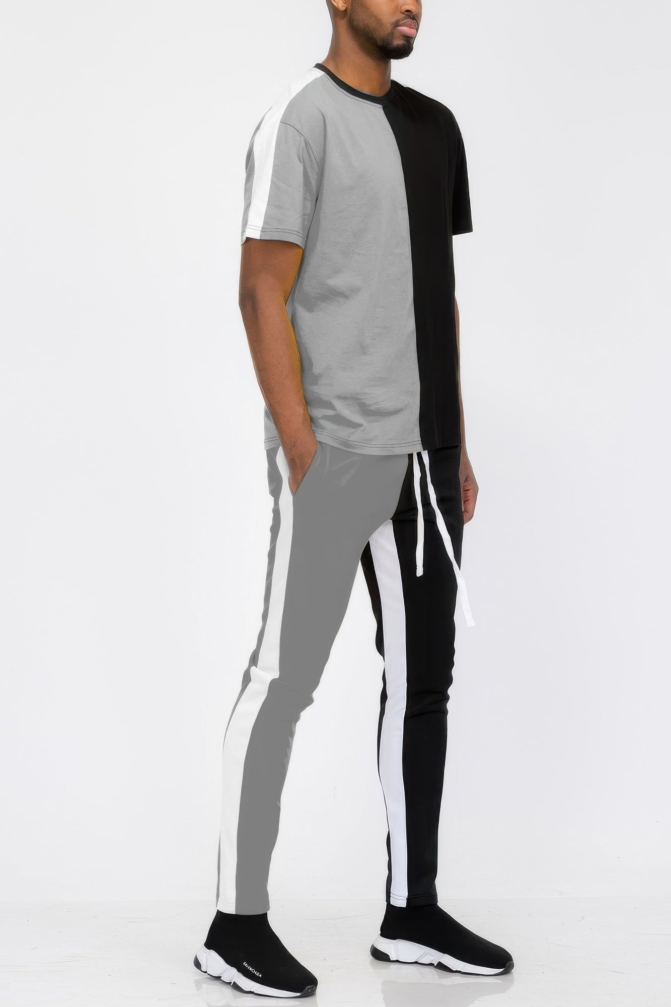 Men's black and gray track pants with side stripes for casual wear