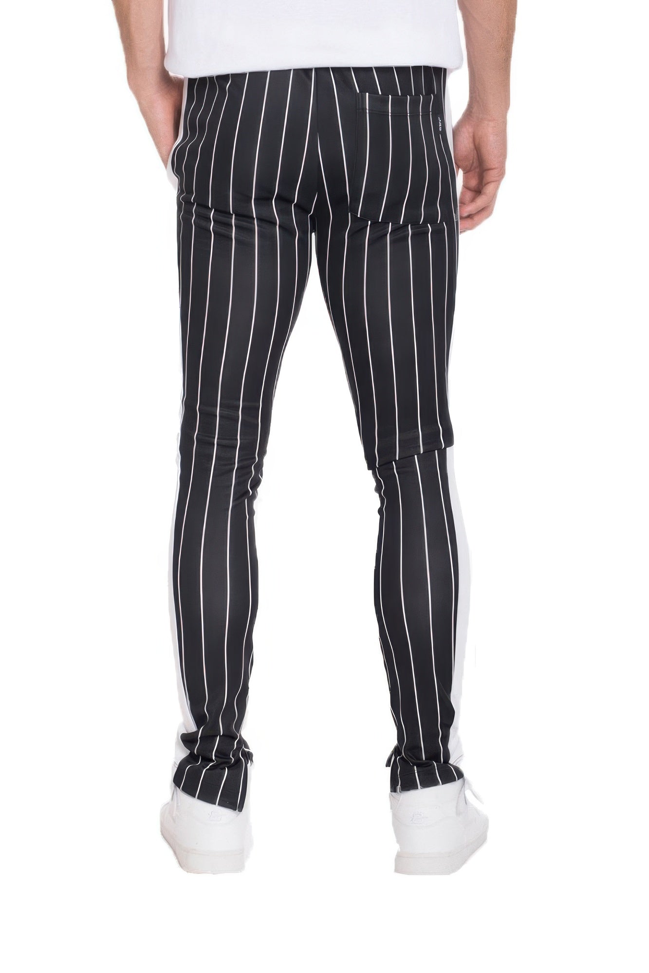 Men's black pinstriped track pants for casual wear.