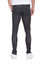 Men's black pinstriped track pants for casual wear.