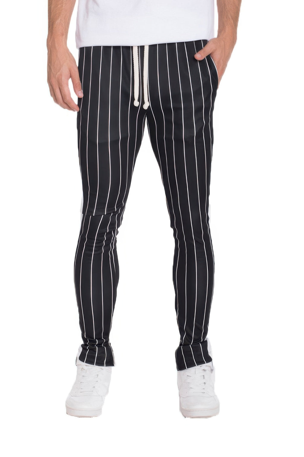 Men's black striped track pants for casual, everyday wear