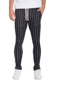 Men's black striped track pants for casual, everyday wear