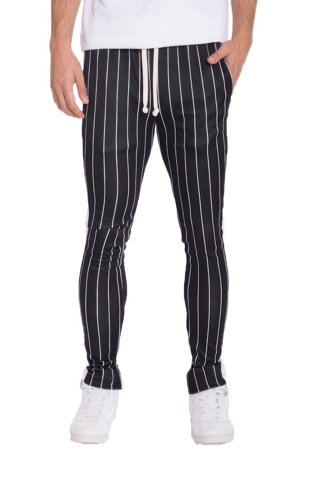 Men's black striped track pants for casual, everyday wear