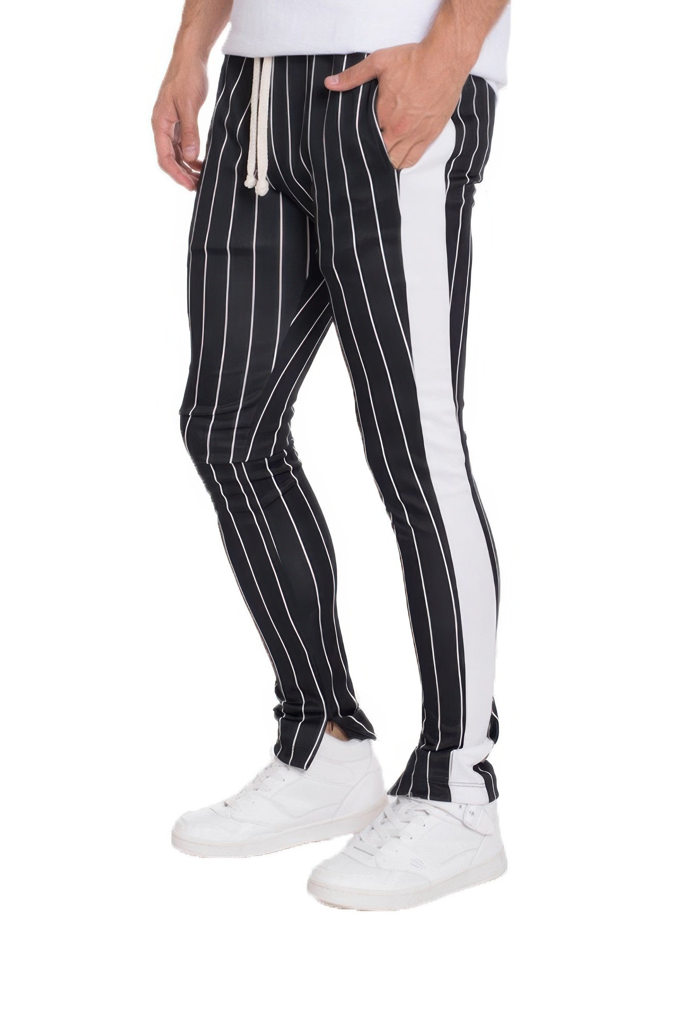 Black and white striped track pants for casual wear
