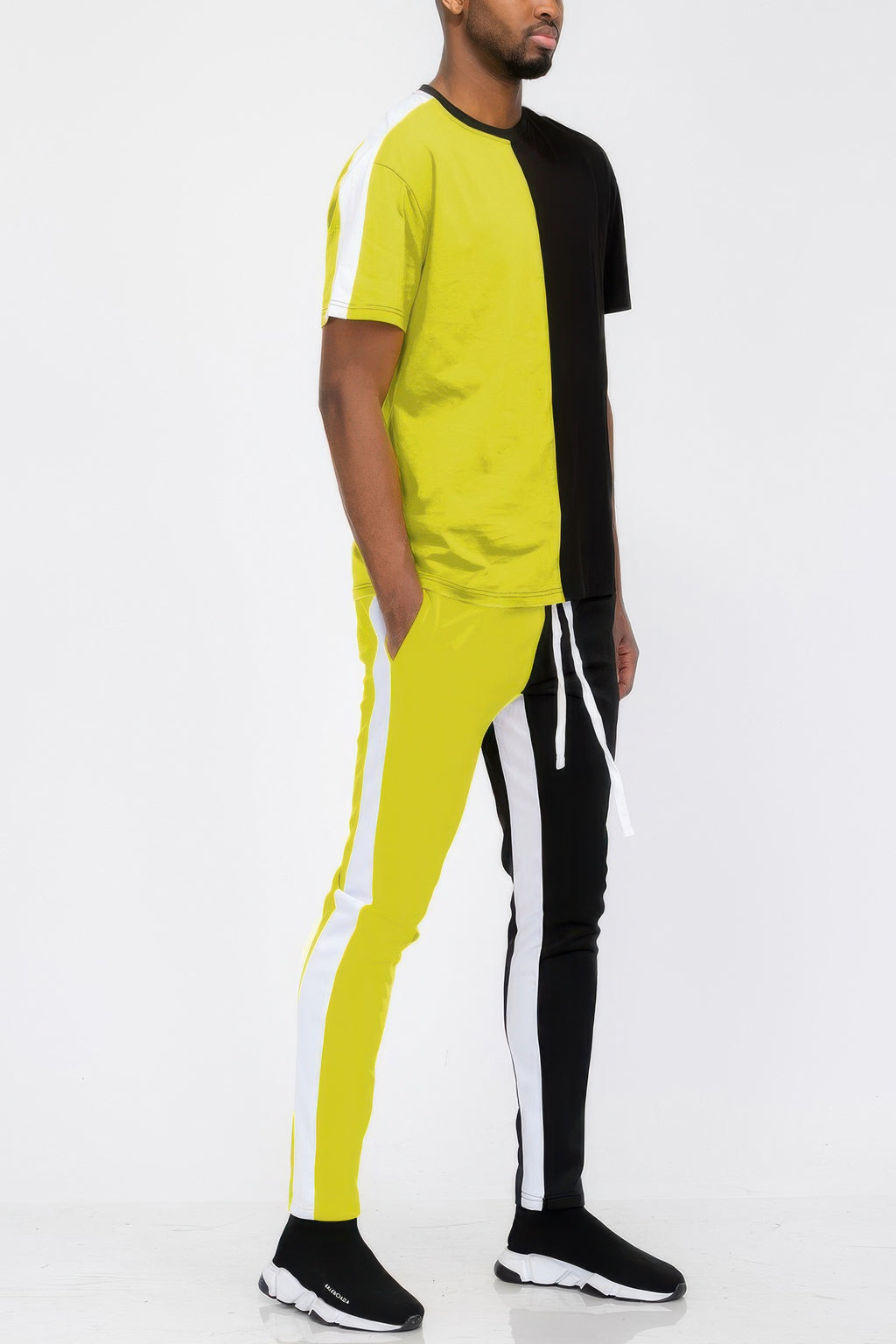 Men's black and yellow track pants, stylish activewear for casual outings