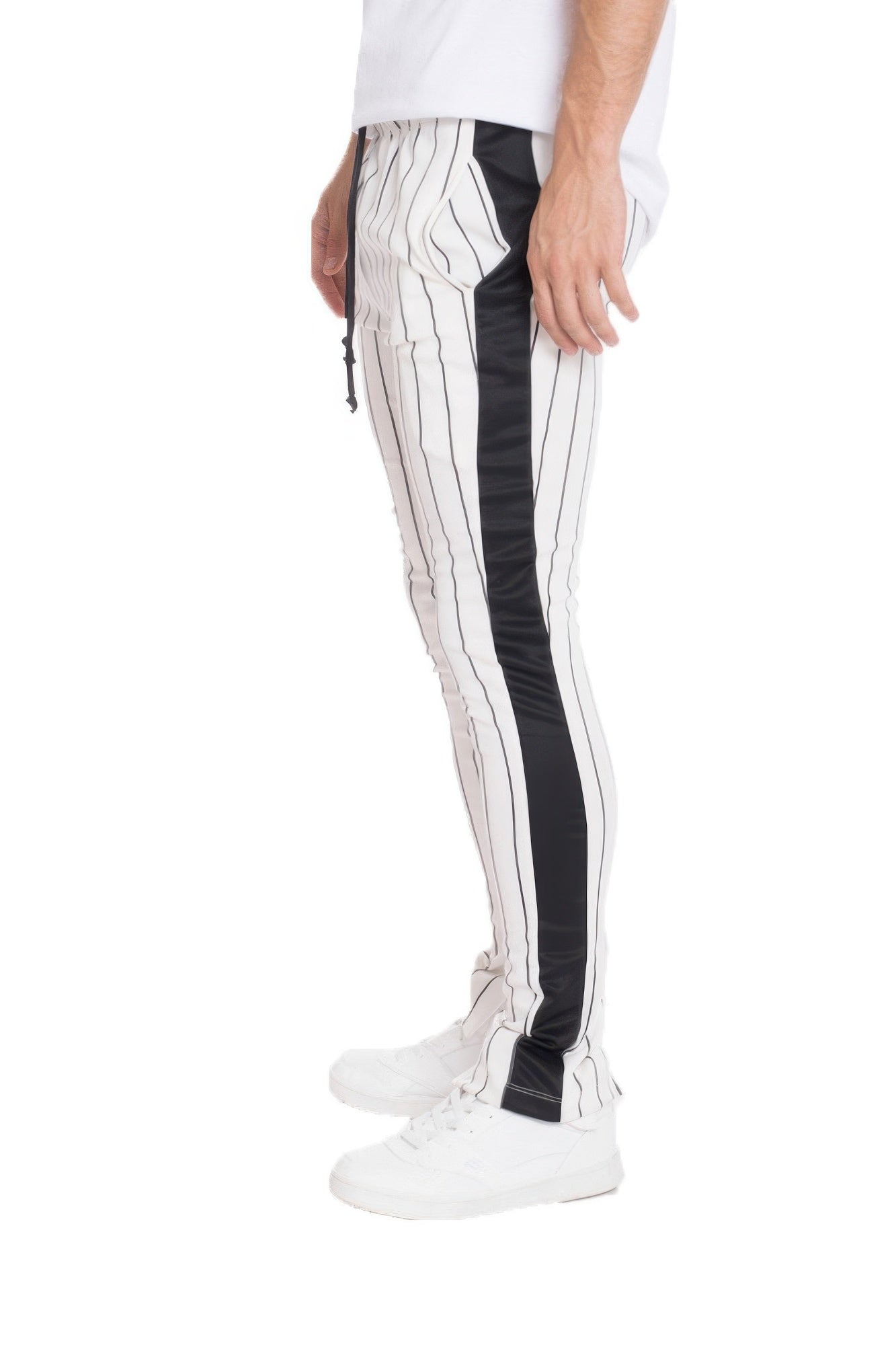Men's striped track pants in white and black for casual wear