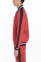 Red men's 2 piece tracksuit for men with black stripes and athletic fit, perfect for casual wear