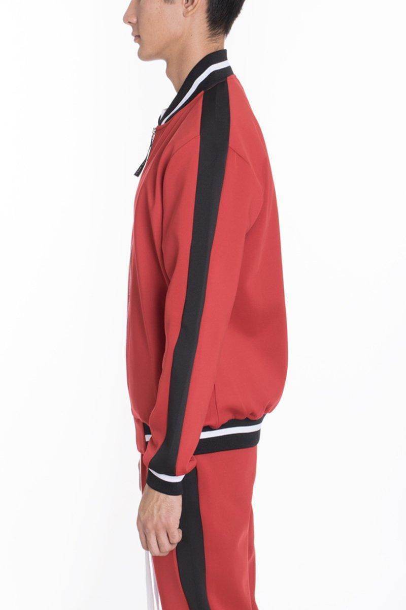 Red men's 2 piece tracksuit for men with black stripes and athletic fit, perfect for casual wear