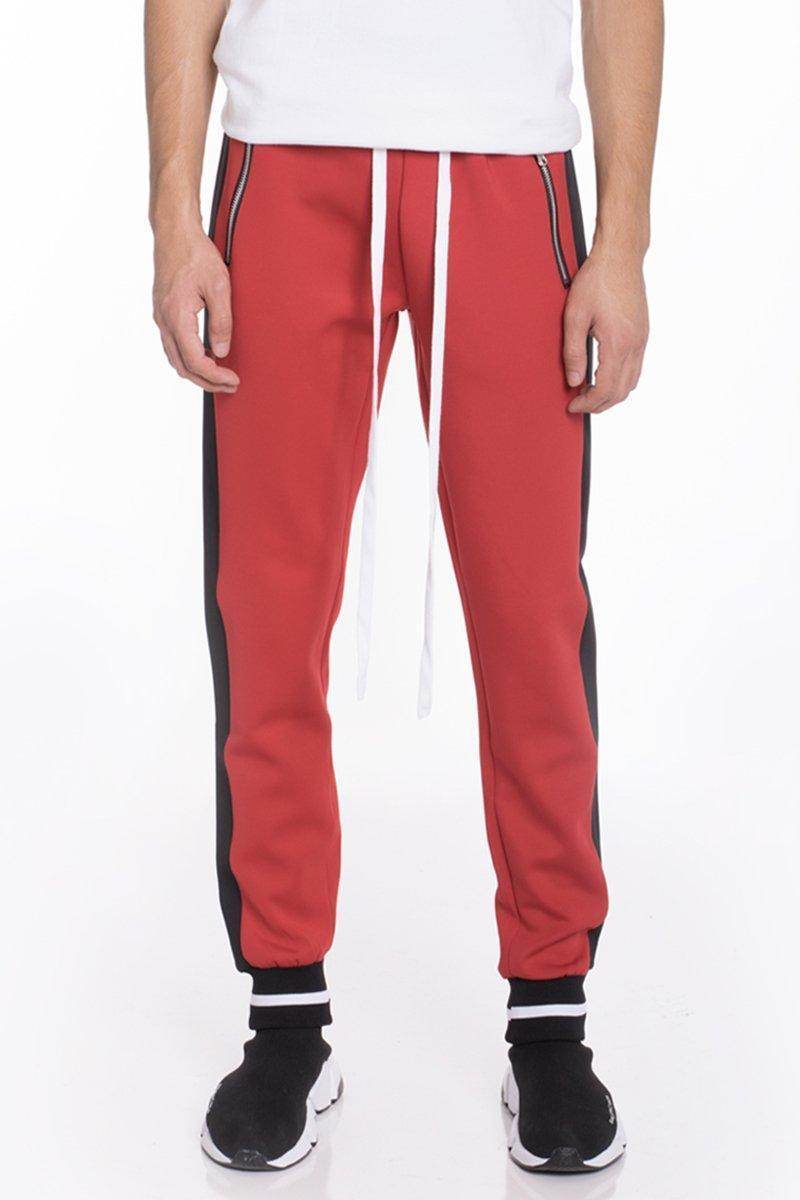 Men's 2 piece tracksuit for men featuring red joggers with sporty side stripes and drawstring waistband