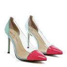 Rag Company transparent high heels with a pink and mint color block design for stylish women