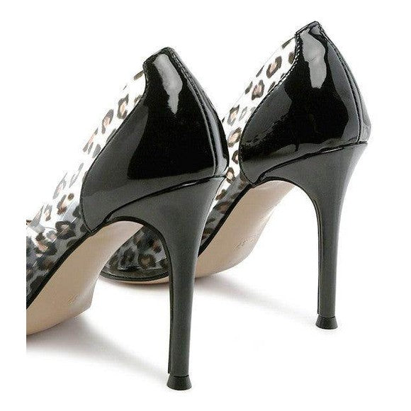 Rag Company transparent high heels featuring a stylish leopard print design with sleek black accents