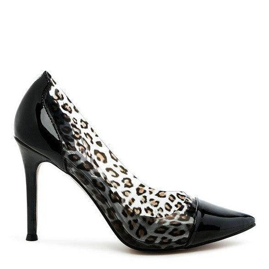 Rag Company transparent high heels with a stylish leopard print design and pointed toe
