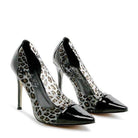 Rag Company transparent high heels featuring leopard print and a sleek black toe cap