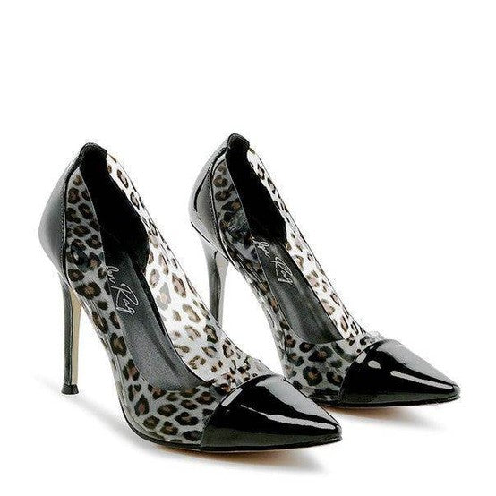 Rag Company transparent high heels featuring leopard print and a sleek black toe cap