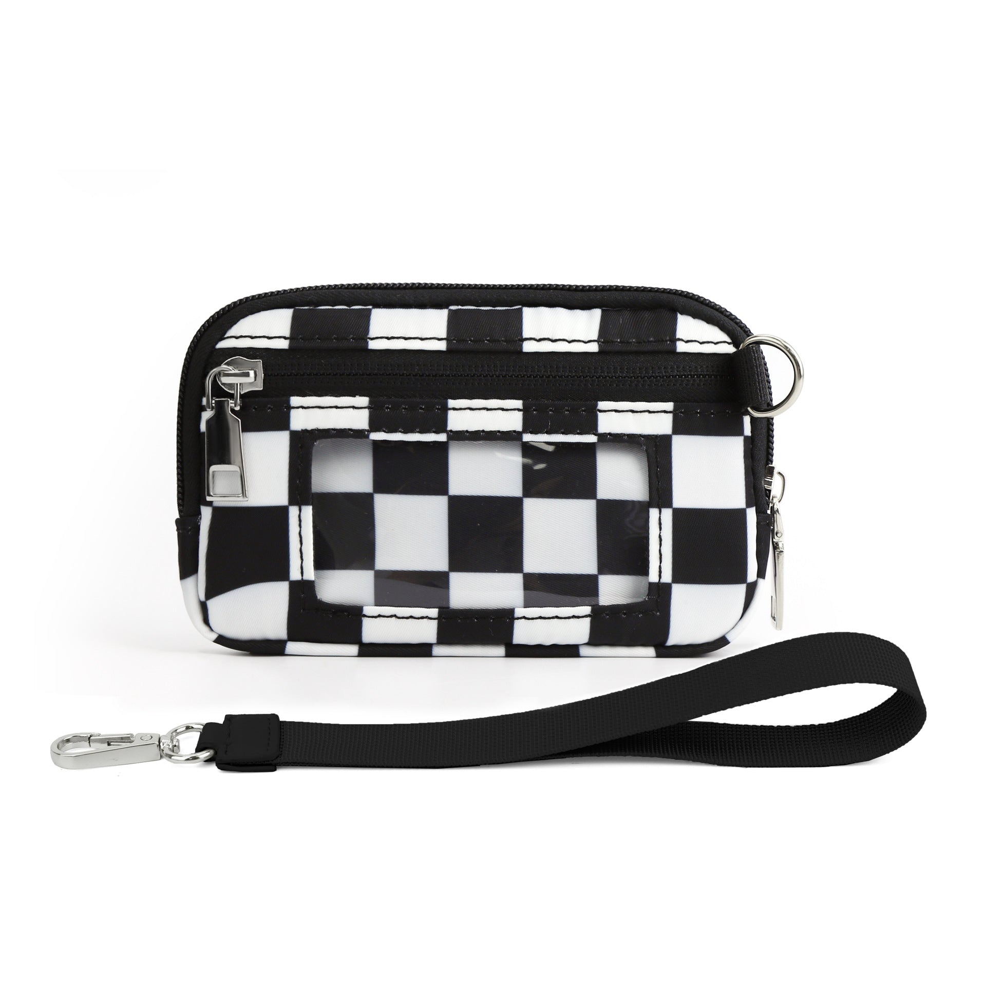 Black and white checkered transparent PVC wristlet purse with zipper and detachable strap