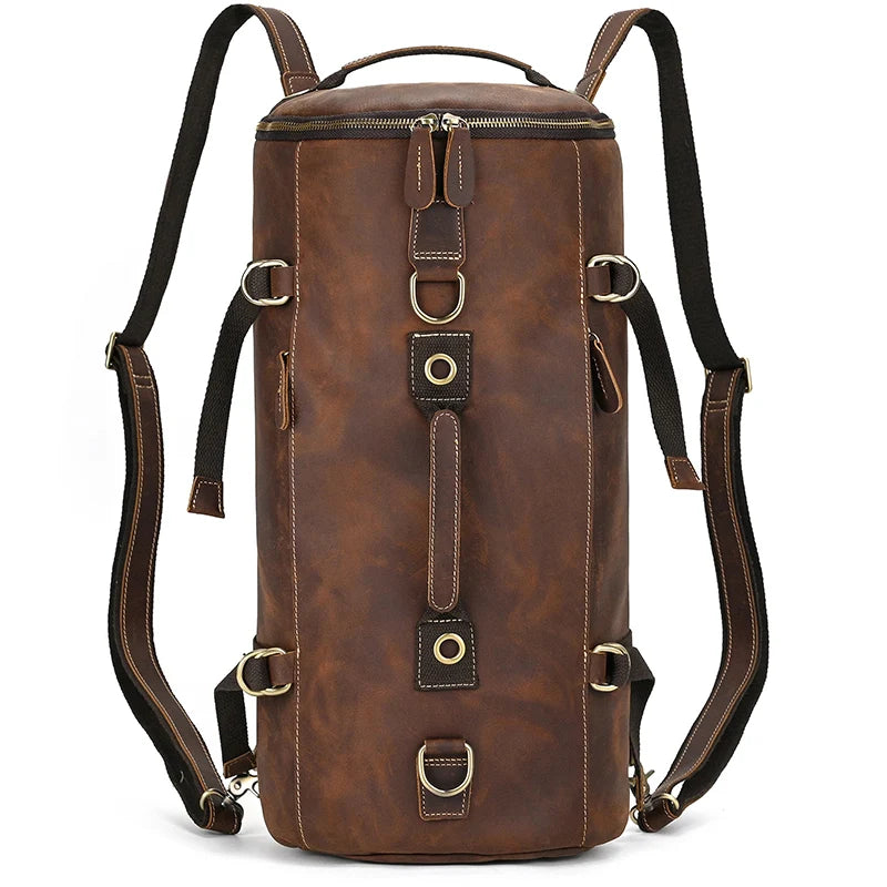 Brown leather travel backpacking backpack for hiking and adventure