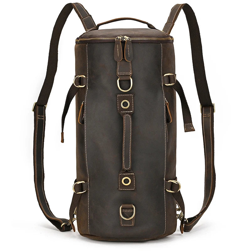 Brown leather travel backpacking backpack with multiple straps for durability