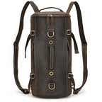 Brown leather travel backpacking backpack with multiple straps for durability