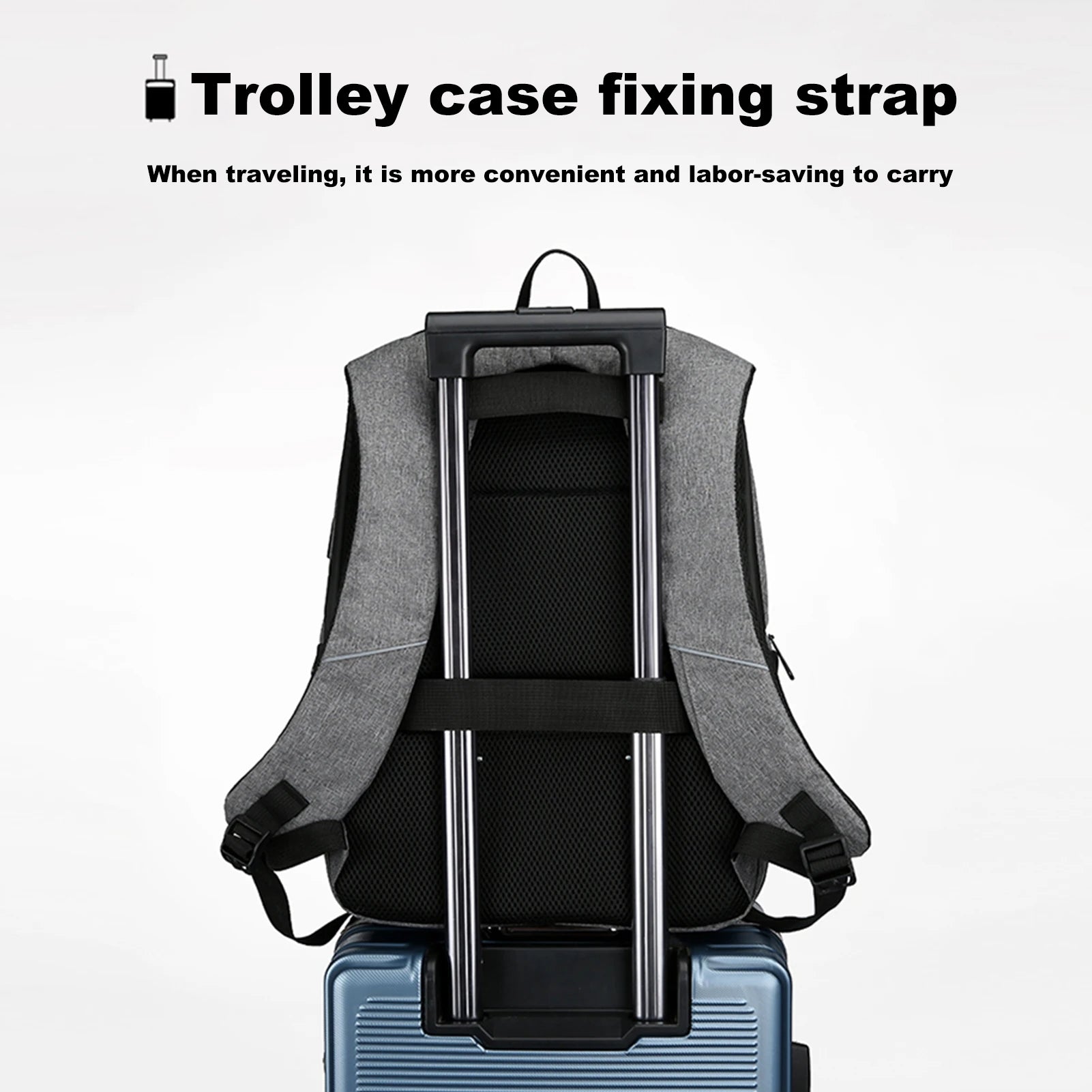 Gray travel backpacking backpack with trolley case fixing strap for convenience