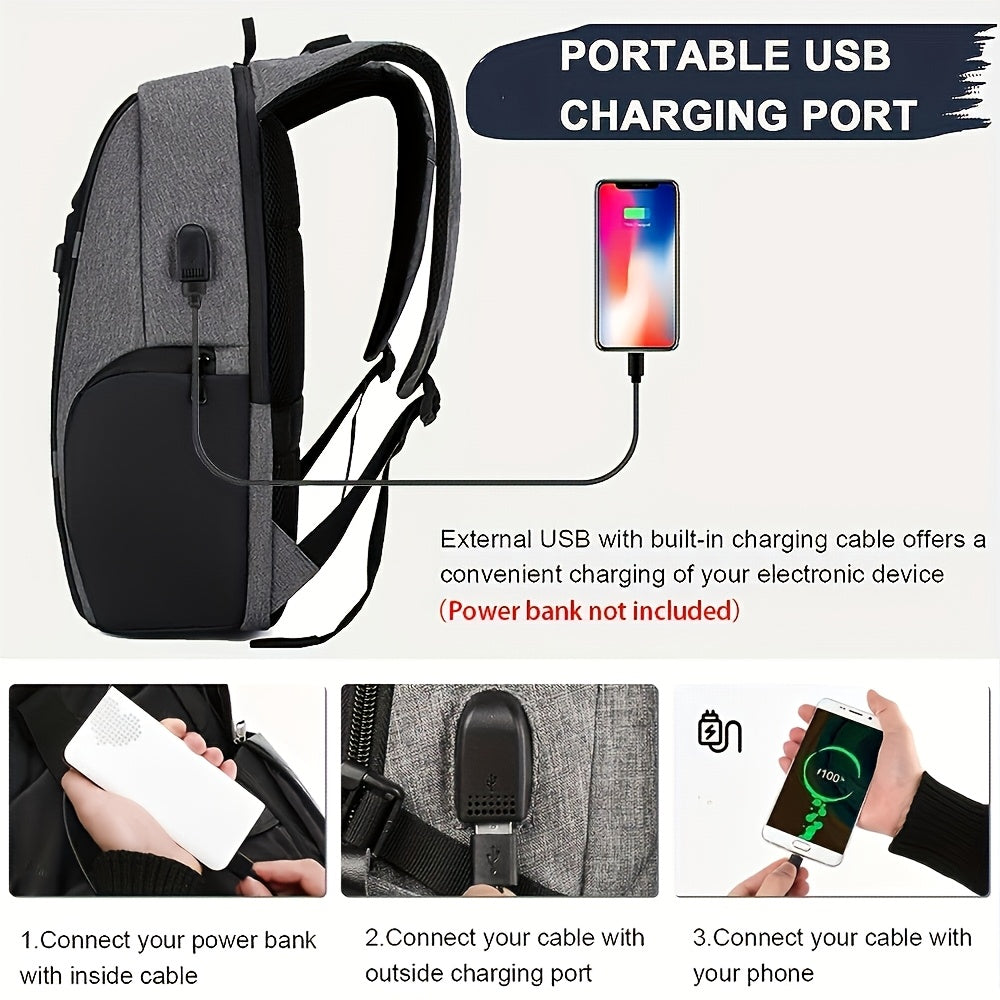 Gray travel backpacking backpack with external USB charging port