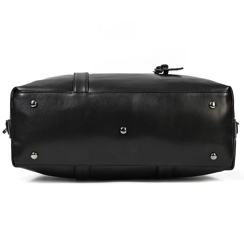 Black leather travel bag with sturdy bottom for durable use