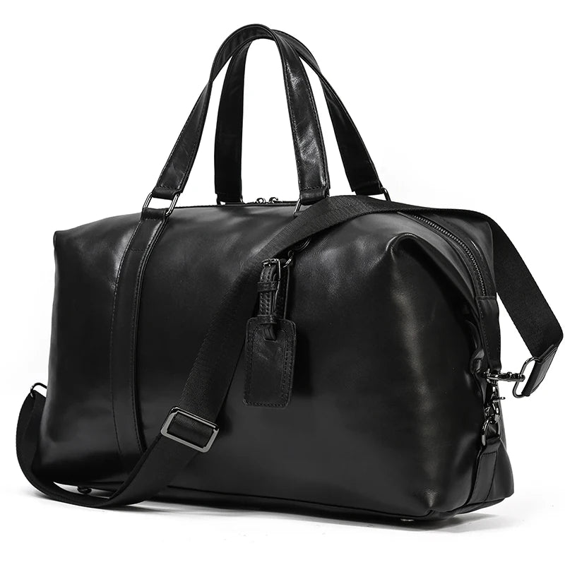 Black leather travel bag, durable design for weekend trips