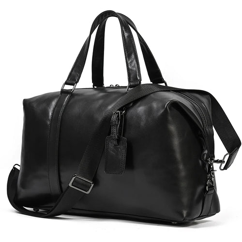 Black leather travel bag, durable design for weekend trips