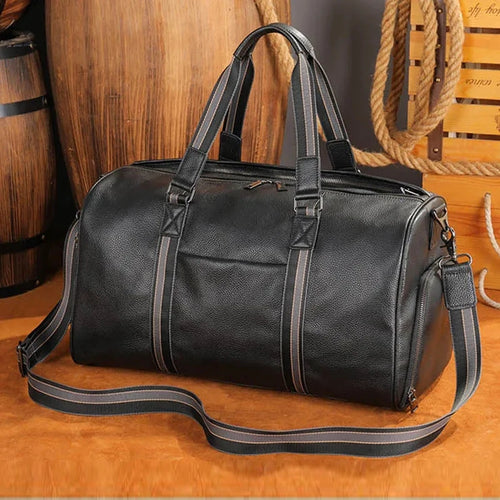 Black leather travel bag, durable design for weekend trips